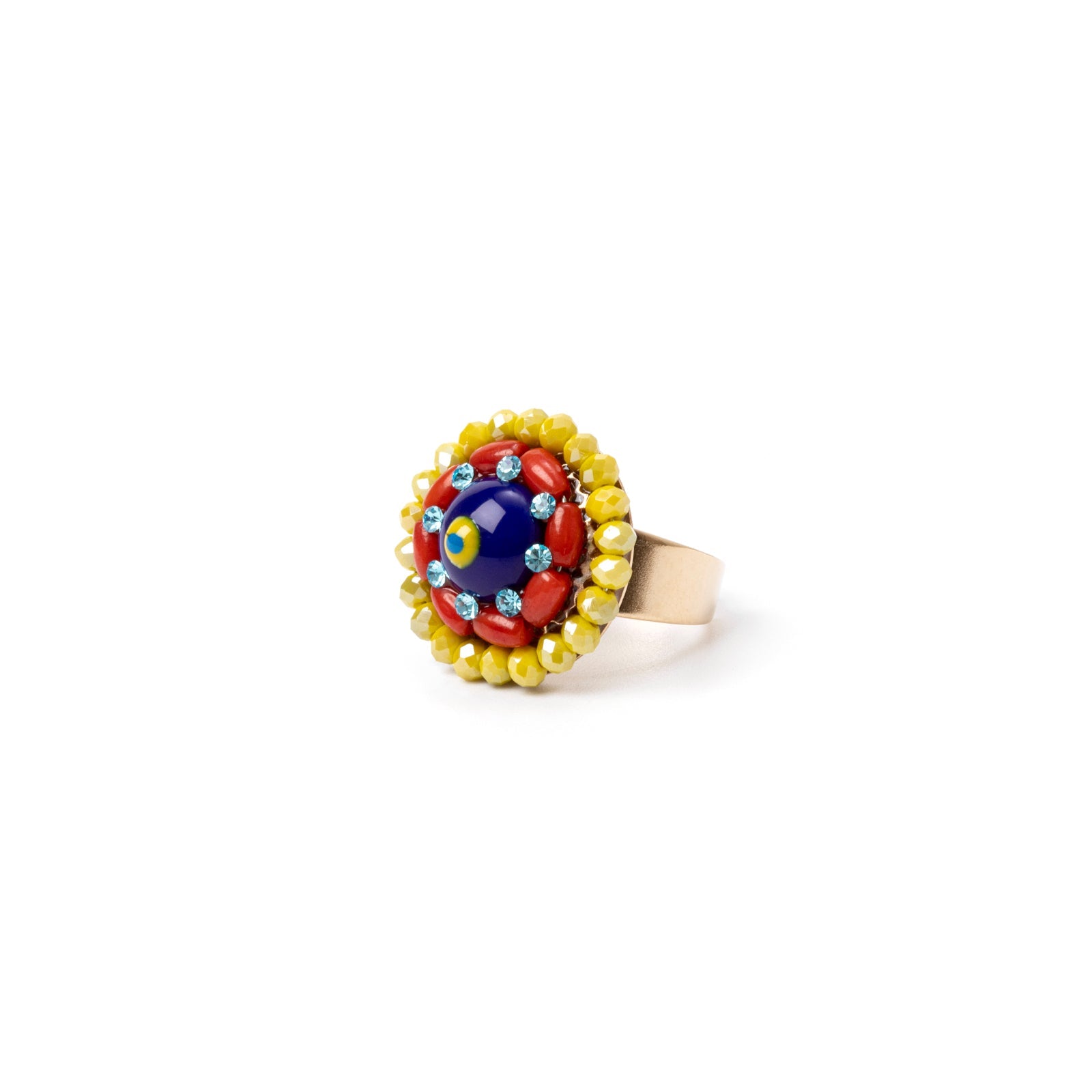 Ring with flower of beads, crystals and cabochon Partenope - Multicolor - Sodini Bijoux