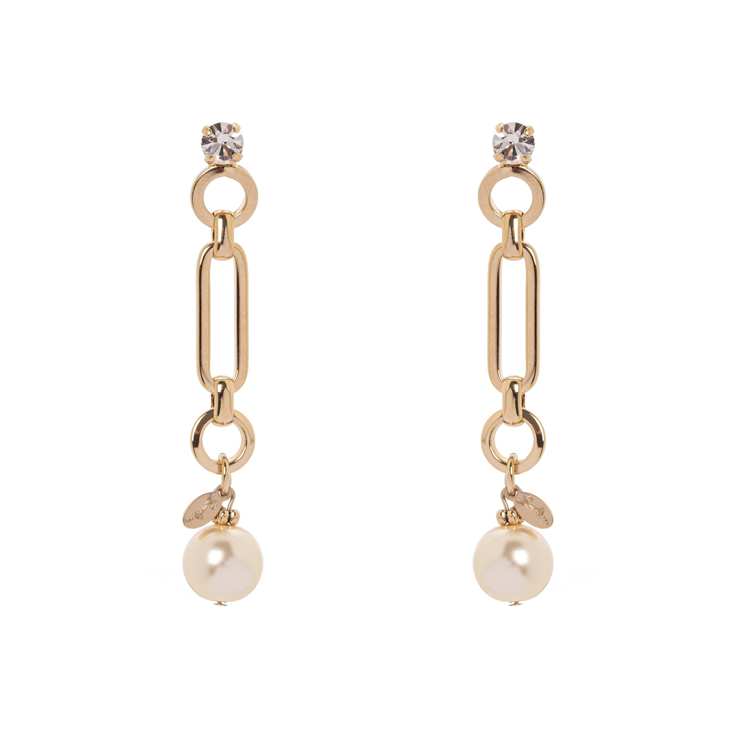 Rhinestone, chain and pearl earrings Kelly - White - Sodini Bijoux